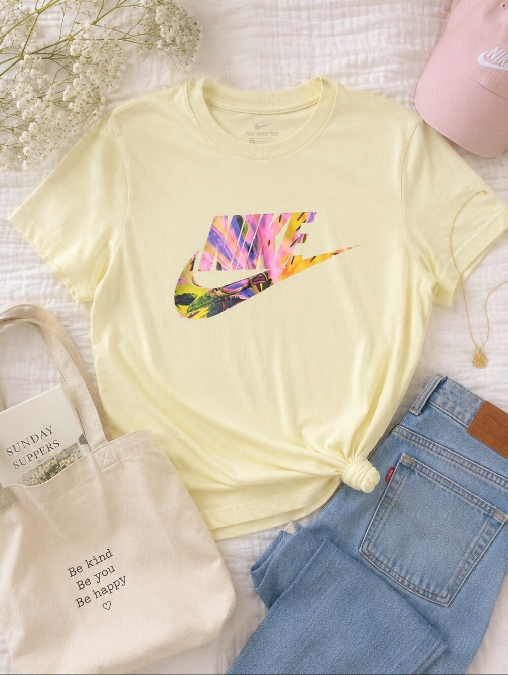 Nike Yellow Women's T-Shirt with Colorful Logo Size Small